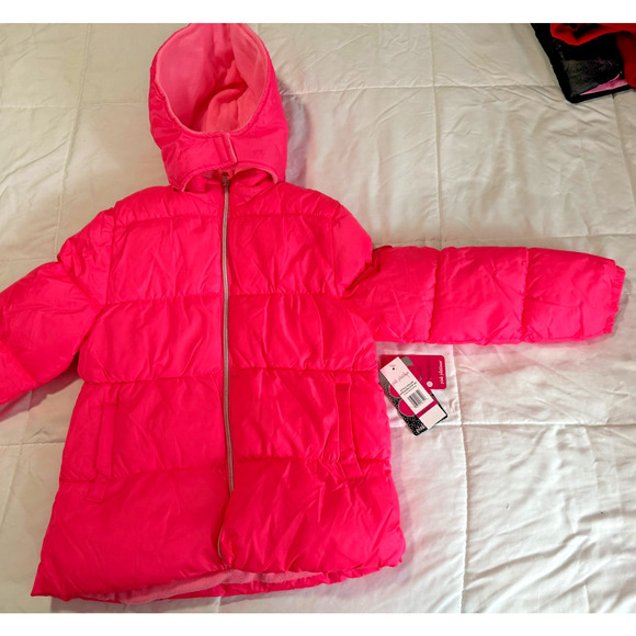 NWT Pink Platinum Girls Puffer Coat Bright Pink Hooded Winter Jacket Sz 10/12 - Picture 1 of 7